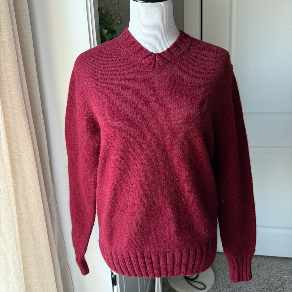 Nautica Merino Wool Sweater Large Maroon Crewneck Classic Preppy